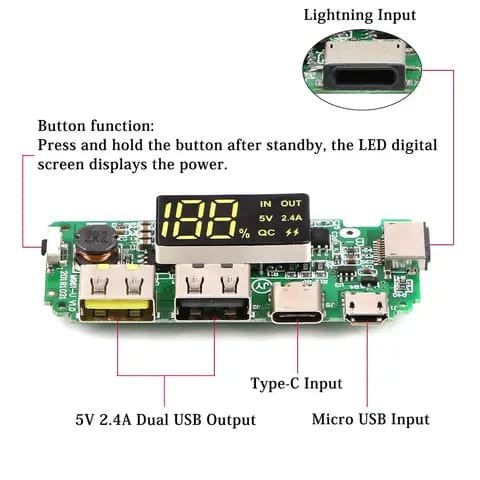 2.4A Dual USB Power Bank Charging Board (LED Display, Micro/Type-C/Lightning)